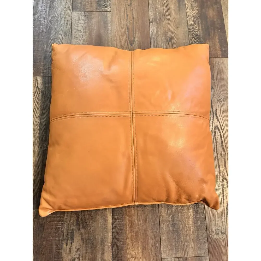 24” Cognac Genuine Leather Throw Pillow Modern Boho Luxe Couch Decor Insert